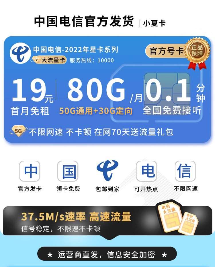 电信小夏卡19元80G流量